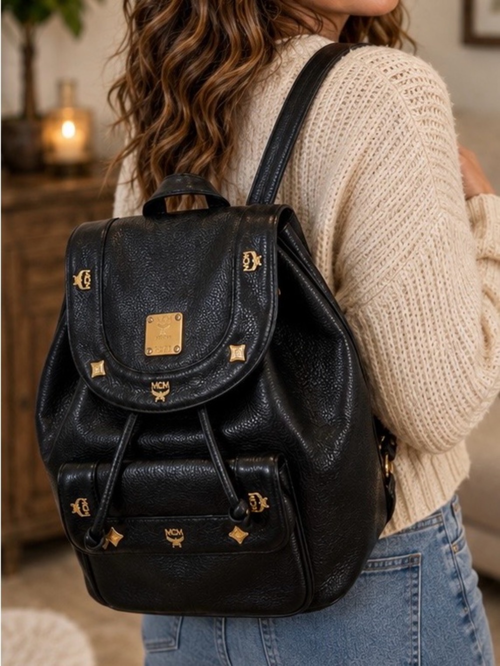 MCM Vintage Black Leather Backpack with Gold Logo Hardware